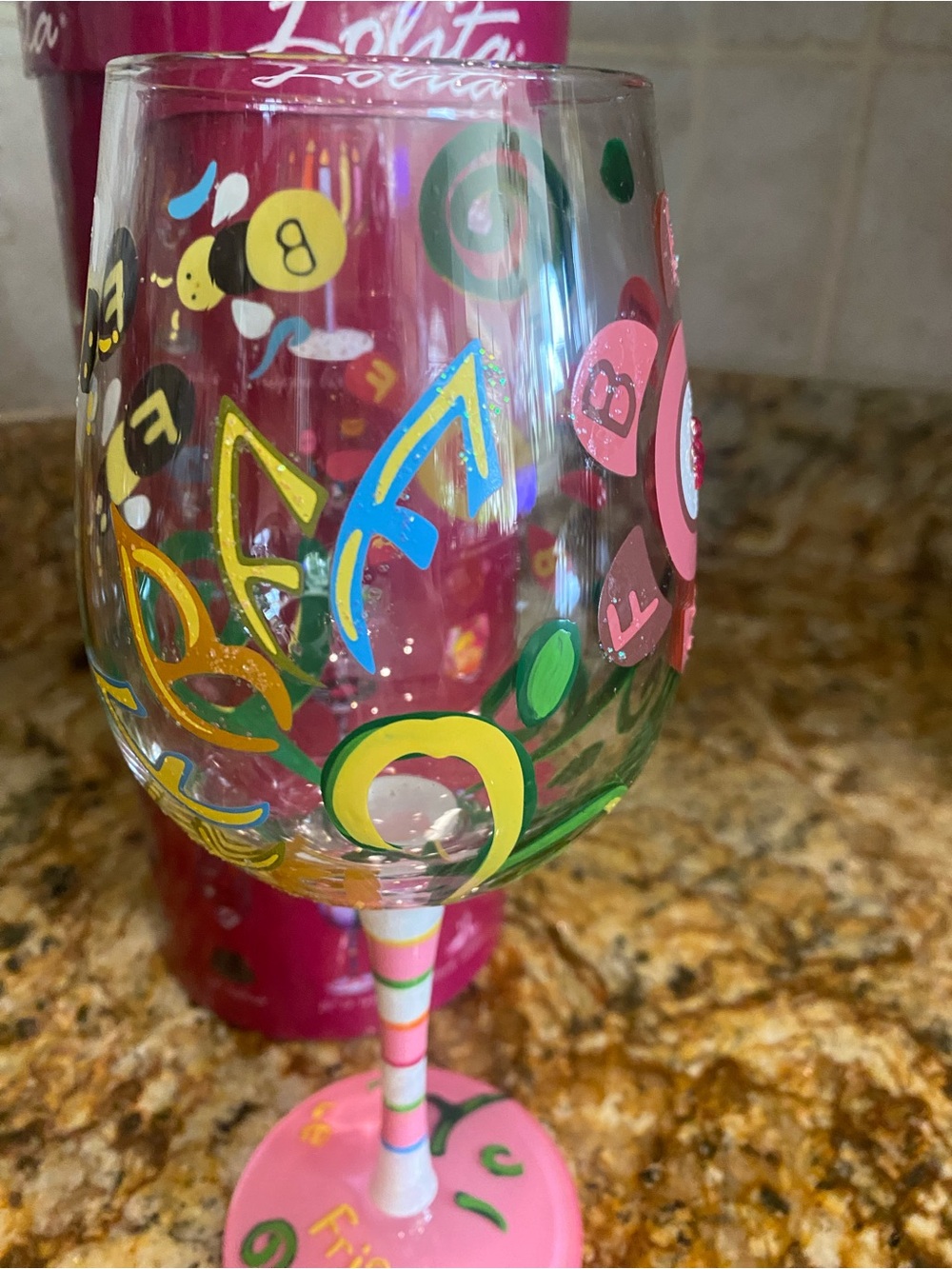 Lolita BFF Hand Painted Wine Glass BFF Friends Forever EUC Appears Unused